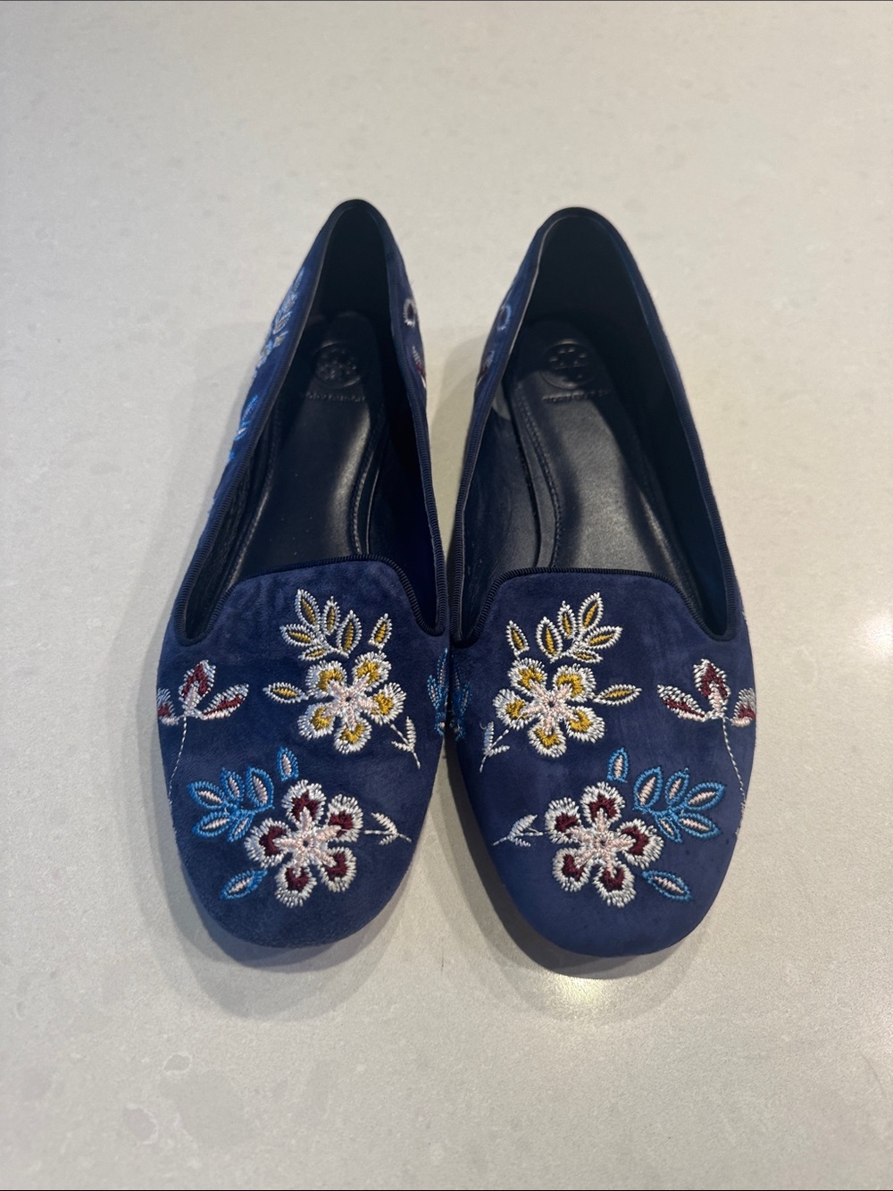 Tory Burch Navy Suede Embroidered Floral Loafers